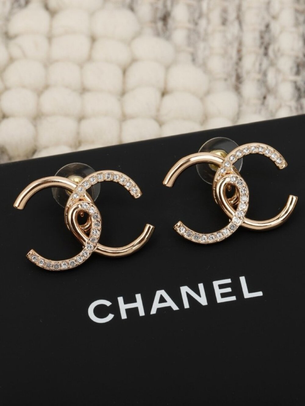 Chanel Gold-Tone Half-Pave Crystal CC Stud Earrings